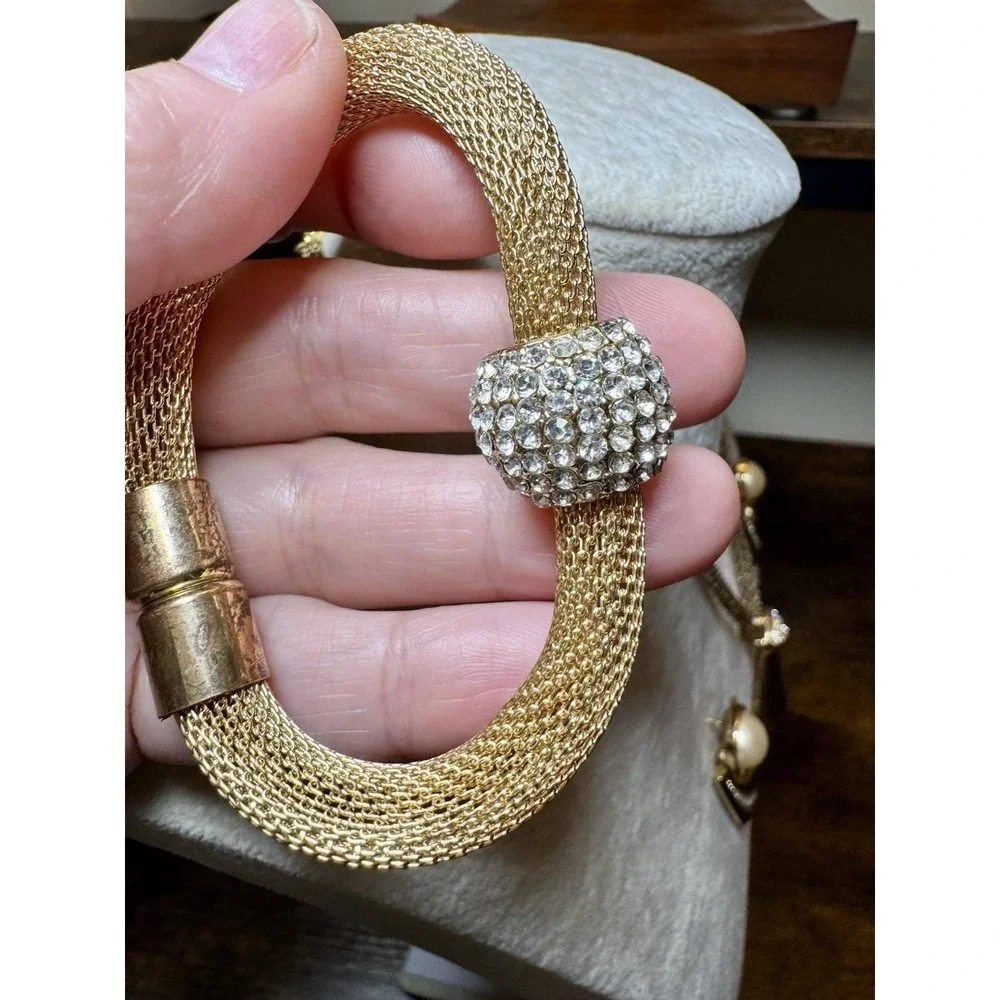 VTG Gold Tone Tassel Rhinestone Black Enamel‎ Necklace Earrings Bracelet Set 80s